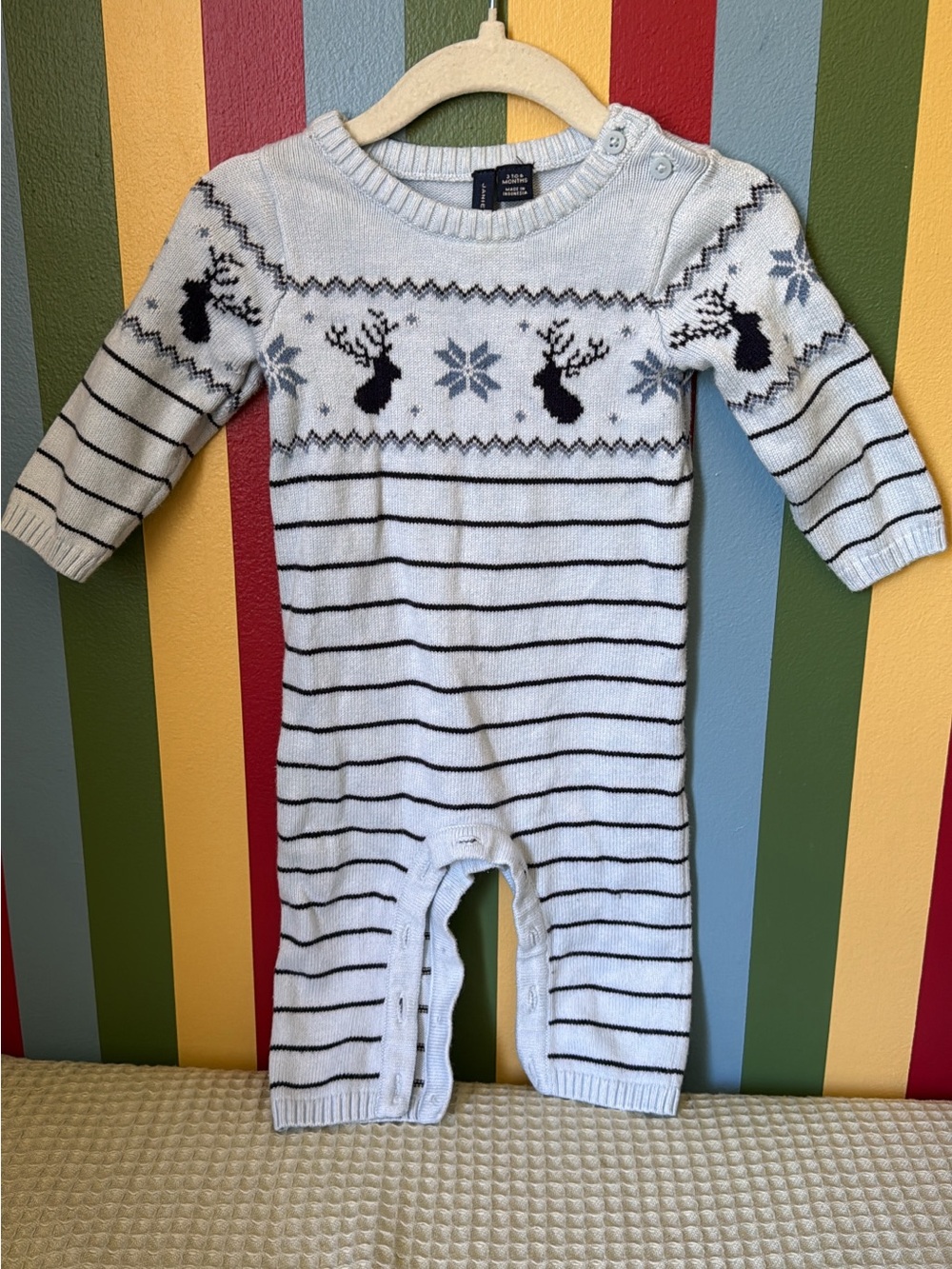 Janie and Jack Light Blue Knit Reindeer Striped Romper